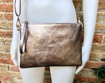Small leather bag in BRONZE .Cross body bag, GENUINE leather shoulder bag or wristlet. Bronze purse with adjustable strap. Metallic leather