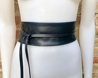 Obi belt in soft leather. LONGER option.Wrap belt in BLACK. Waist belt in BLACK.  Wraparound belt in black genuine leather. Boho black belt.