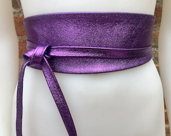 PURPLE leather OBI belt. Wide waist belt in soft genuine leather. Metallic  shine wraparound belt, boho dress belt in silver color leather.