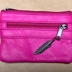 PINK coin purse in genuine leather, 3 zippers. Fits credit cards, coins, bills. Small leather wallet. Fuchsia, light , neon purple pink Neon pink