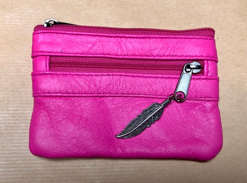 PINK coin purse in genuine leather, 3 zippers. Fits credit cards, coins, bills. Small leather wallet. Fuchsia, light , neon purple pink Neon pink