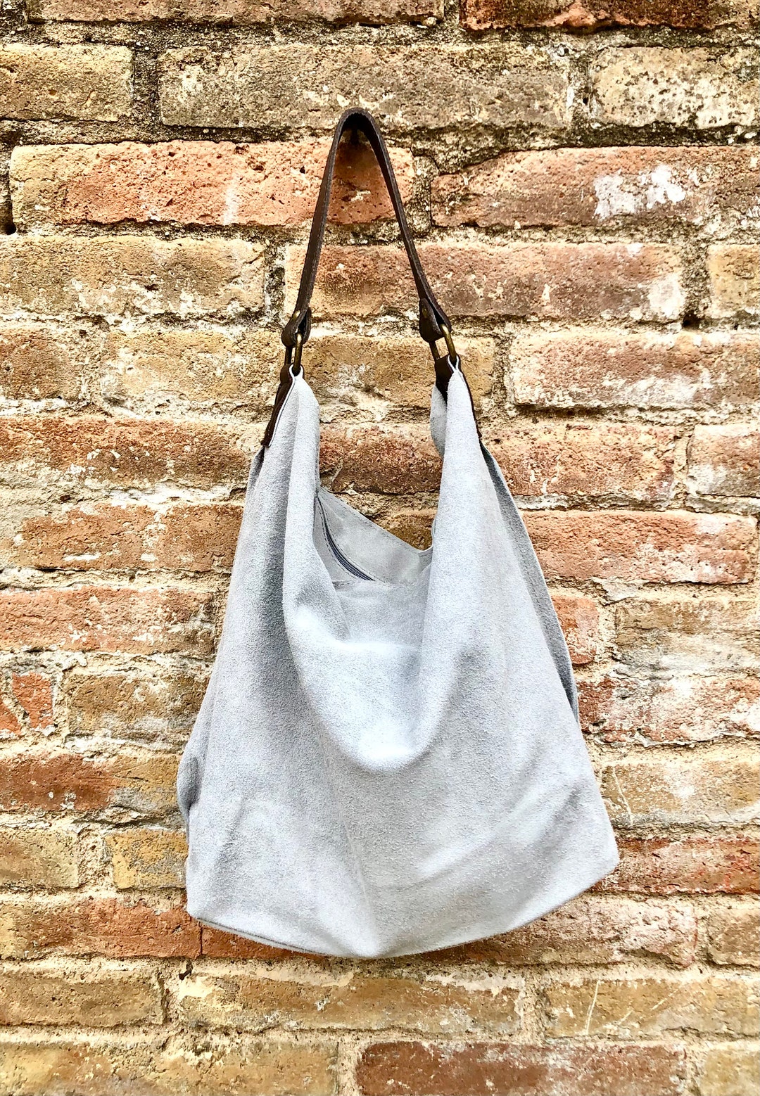 Light Gray Slouch Leather Bag. Grey Suede Hobo Bag. Soft Shopper Bag