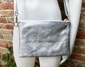 Small leather bag in SILVER .Cross body bag, shoulder bag / wristlet in GENUINE  leather. Silver purse with adjustable strap. Boho bags