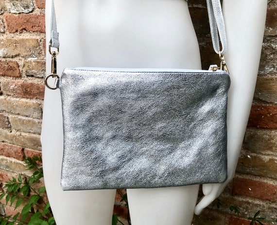 Small Leather Bag in SILVER .cross Body Bag, Shoulder Bag