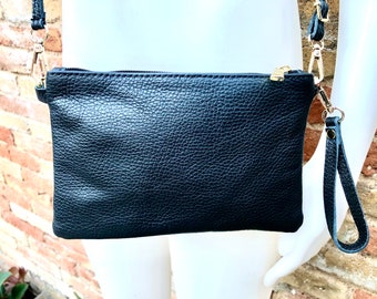 Small leather bag in black. GENUINE leather crossbody / shoulder bag . BLACK leather bag with adjustable strap. Small black leather purse