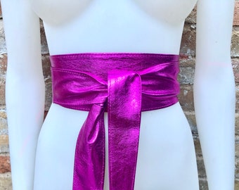 HOT PINK obi belt. Soft genuine leather wrap belt. Wide wraparound waist belt. FUCHSIA boho dress belt in metallic effect leather.Party belt