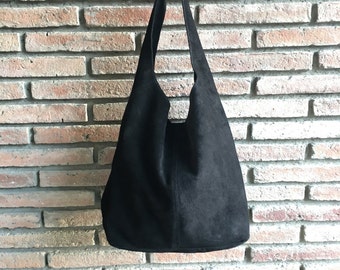 Große TOTE Ledertasche in SCHWARZ. Weiche natürliche Wildleder echte Ledertasche. Boho Tasche. SCHWARZE Wildledertasche.