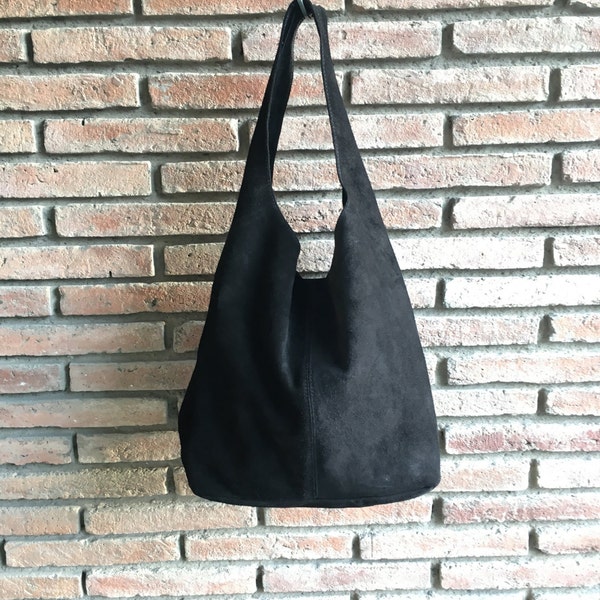 Slouch bag.Large TOTE leather bag in BLACK. Soft natural suede genuine leather bag. Bohemian bag. BLACK suede bag.