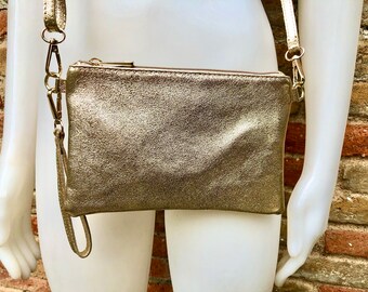 Small leather bag in GOLD .Cross body, shoulder bag or wristlet in GENUINE  leather. Golden leather bag with adjustable strap. Gold purse