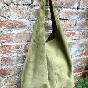 Large TOTE leather bag in moss GREEN . Slouch leather bag. Boho bag. Laptop bags in suede. Large suede leather bag. GREEN suede bag.