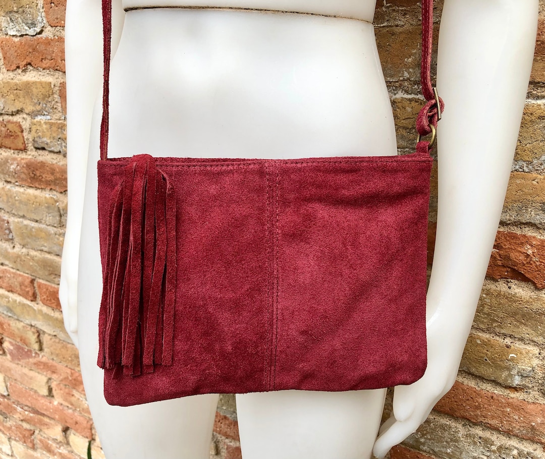 JOLILUNA Burgundy Wine Suede Crossbody Bag For Women - Small Purse For Fall, Trendy Everyday Bag