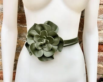 Flower Leather Belt in Beige. Waist, Overall or Dress Belt