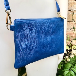 Royal blue small leather bag . Bright blue GENUINE leather cross body / shoulder bag or wristlet  Cobalt blue purse with adjustable strap.