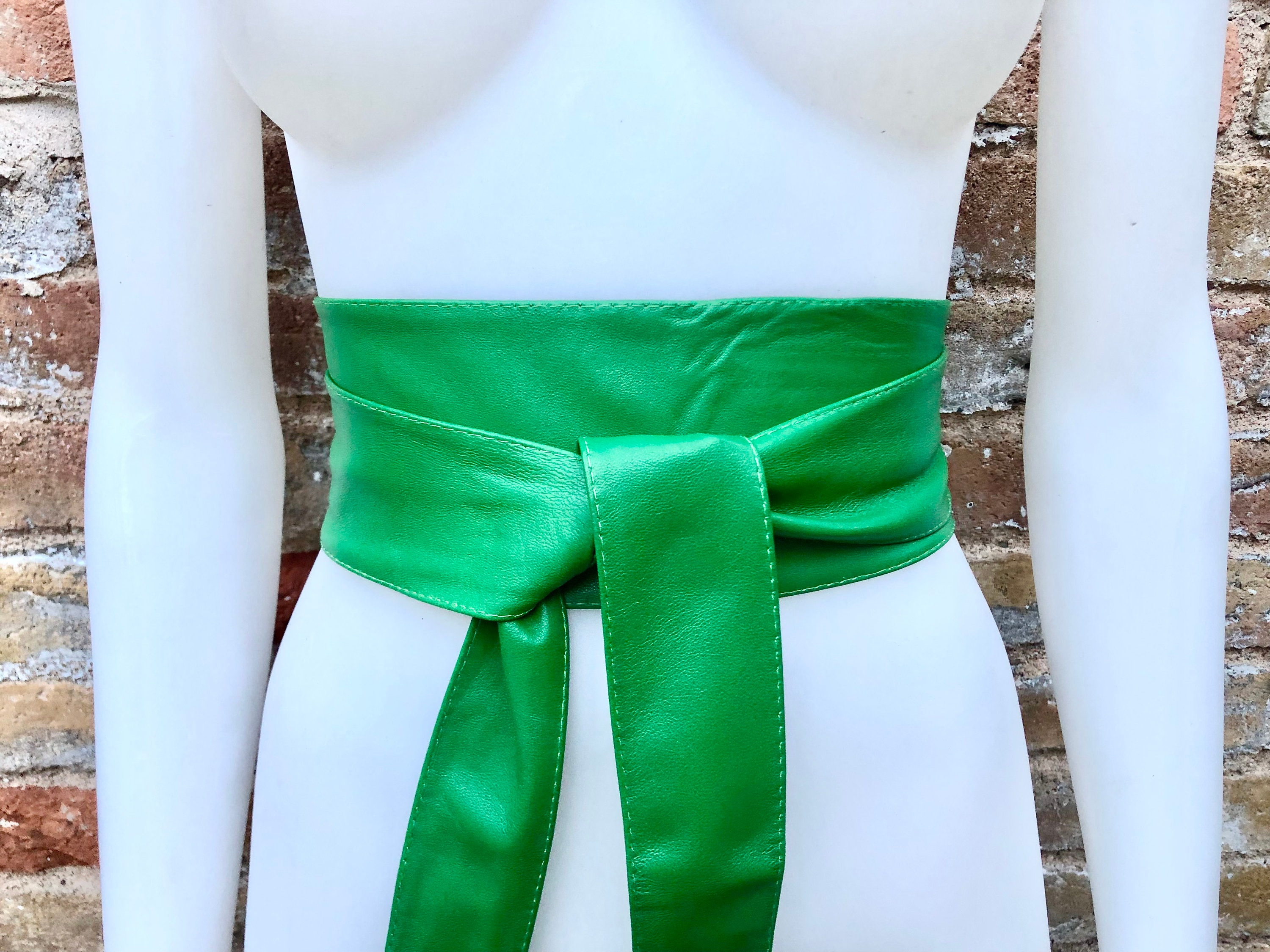 Bright GREEN Obi Belt. Wrap Belt in Soft Genuine Leather  display picture 3