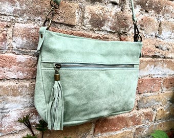 BOHO  suede leather bag in light GREEN. Mint crossbody bag, leather bag, boho bag, messenger suede bag. Soft natural leather bag with tassel