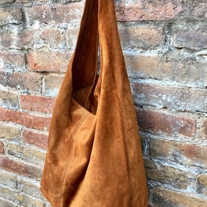 Slouch bag.Large Tote Leather Bag in Camel BROWN. Genuine Leather Bag. Light Tobacco Color Laptop Bags in Suede.