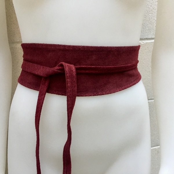 Dark RED suede OBI belt. Wrap belt in natural soft  suede.BURGUNDY  genuine leather waist cinch belt. Wine red sash, boho wraparound belt