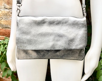 Small leather bag in SILVER. Cross body bag, shoulder bag in GENUINE  leather. Metallic shine bag with adjustable strap,  zipper and flap.