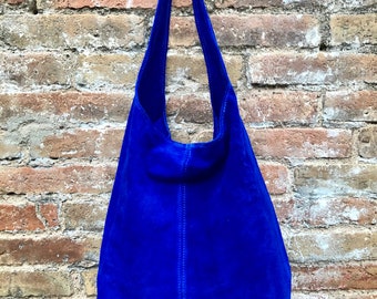 Large leather bag in COBALT blue. Soft natural suede genuine leather bag. Slouchy bag. Blue suedepurse. Blue TOTE , shopper bag