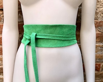 Green suede OBI belt, SASH in light green natural soft  suede,waist belt, green sash, obi, boho belt, green wraparound genuine leather belt.