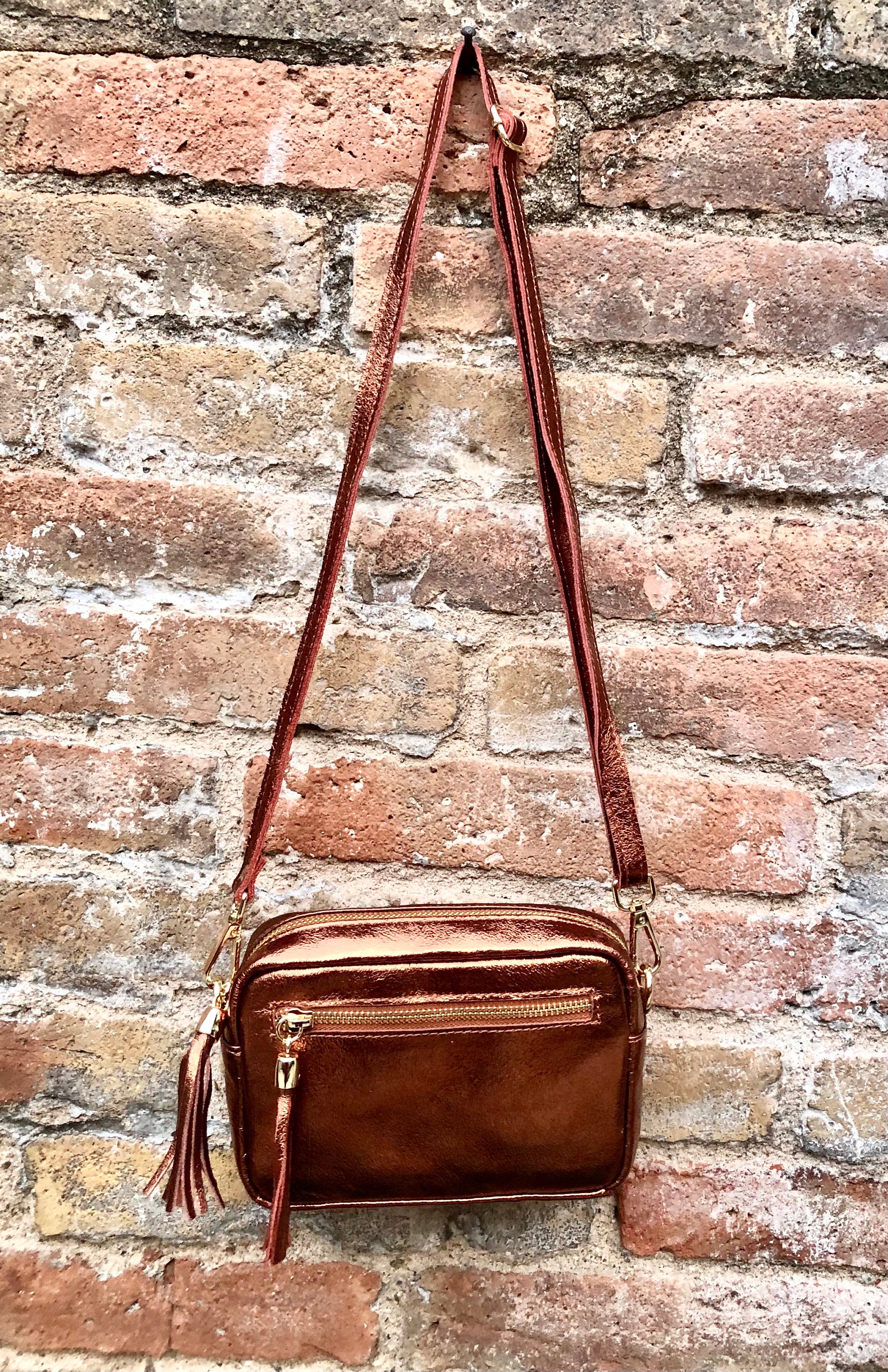 Small Leather Bag in Copper. GENUINE Leather Shoulder or Cross Body Bag. Metallic Shine Copper Purse Adjustable Strap and Zipper Etsy Ireland