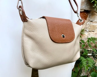 DARK BEIGE + camel brown small leather bag. Genuine leather cross body / shoulder bag. Taupe purse with adjustable strap, zipper + flap