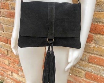 Cross body bag. BOHO leather bag in Black . Soft genuine suede leather. Crossover, messenger bag in suede.With zipper and flap