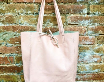 Pink leather bag. TOTE leather shopper in light PINK. Genuine leather. Soft natural shoulder bag for your laptop, ipad, tablet or books.