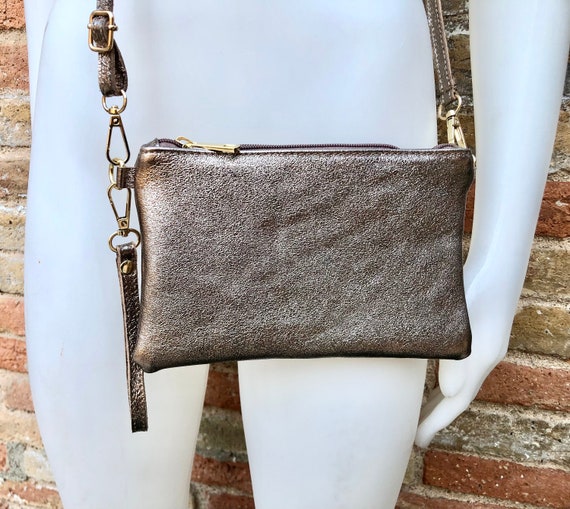 Small Leather Bag in METALLIC BRONZE. Cross Body Shoulder Bag or Wristlet in GENUINE Leather. Bronze Leather Purse Adjustable Strap Etsy New Zealand