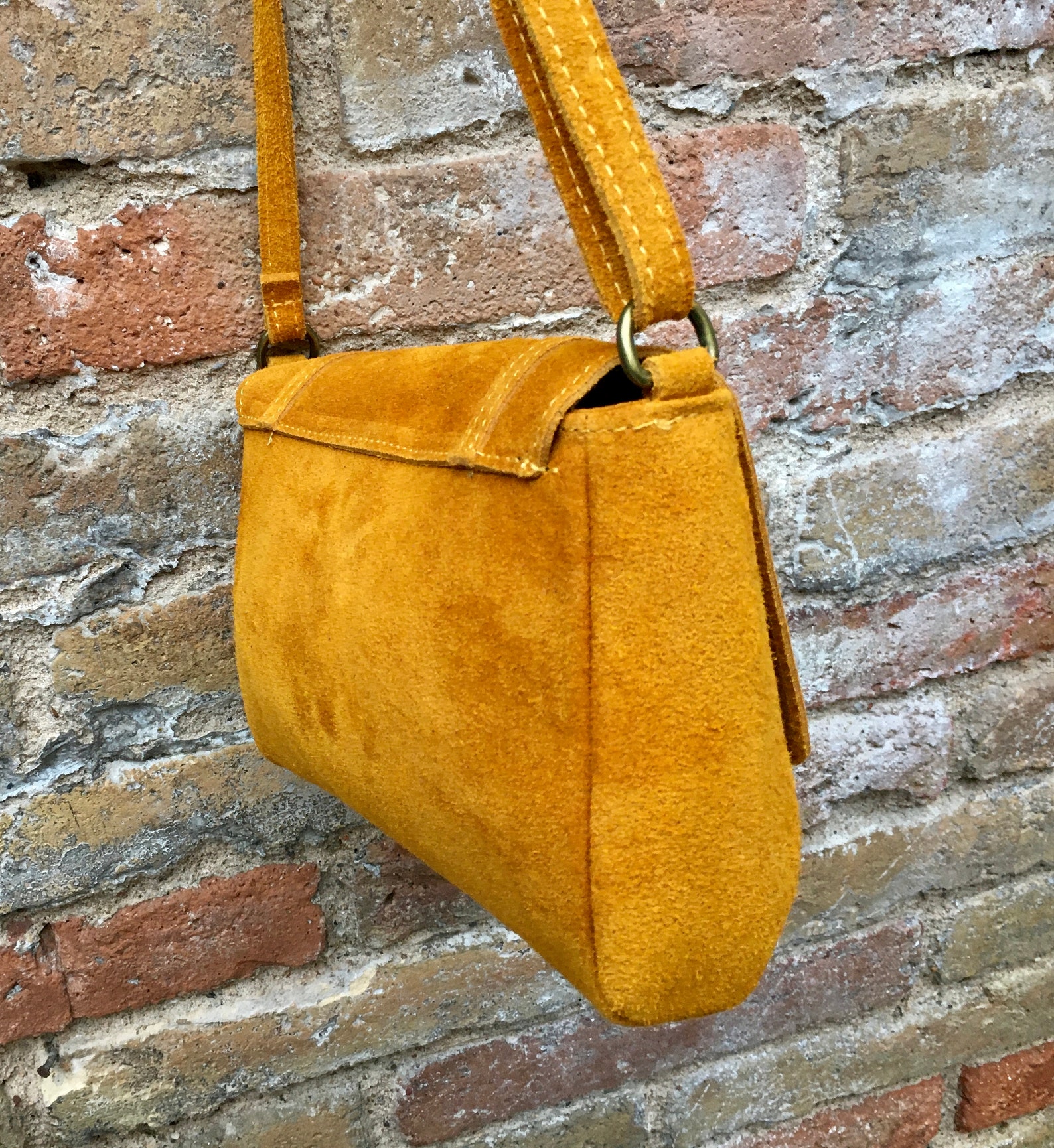 Suede leather bag in MUSTARD YELLOW. Crossbody bag in GENUINE Etsy