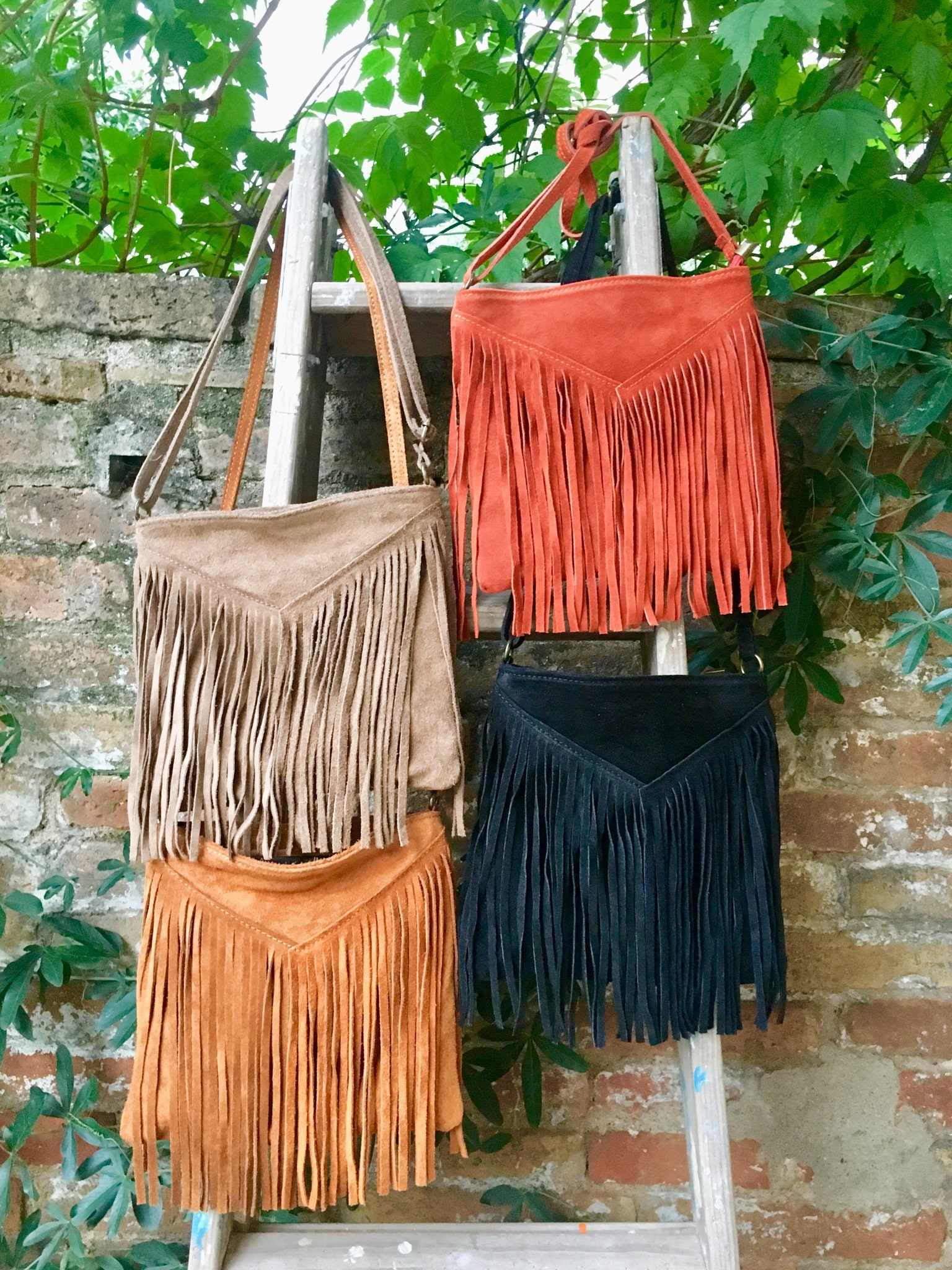 Cross body bag. BOHO suede leather bag in dark beige with FRINGES. Lar –  Handmade suede bags by Good Times Barcelona