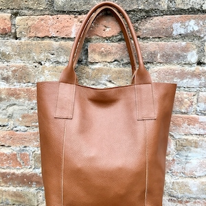 Tote leather bag in CAMEL brown. Leather shopper in GENUINE leather. Large carry all bag for your laptop, books. Brown leather shopper bag