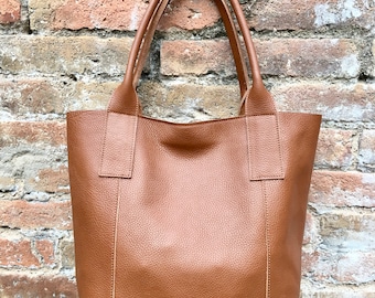 Tote leather bag in CAMEL brown. Leather shopper in GENUINE leather. Large carry all bag for your laptop, books. Brown leather shopper bag