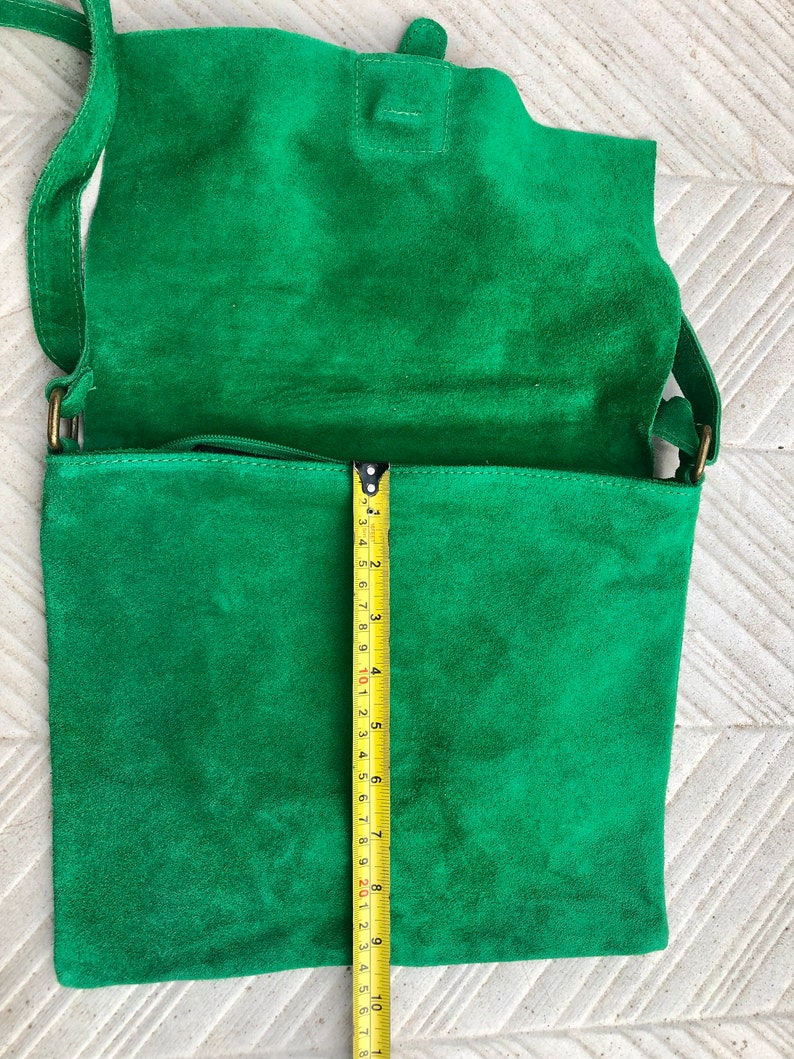 GREEN suede leather bag. Soft natural suede, genuine leather bag. Green messenger with zipper, flap and adjustable strap. image 7