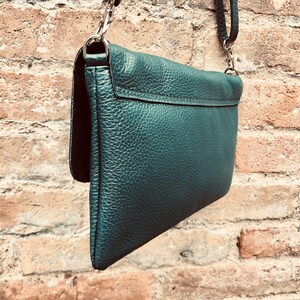 Small leather bag in teal BLUE-GREEN. Crossbody or shoulder bag in GENUINE leather. Blue purse with adjustable strap, flap and zipper. image 5