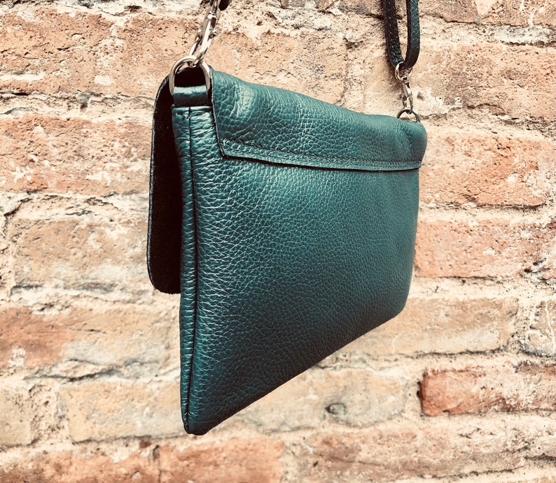 Small leather bag in teal BLUE-GREEN. Crossbody or shoulder bag in GENUINE leather. Blue purse with adjustable strap, flap and zipper. image 5