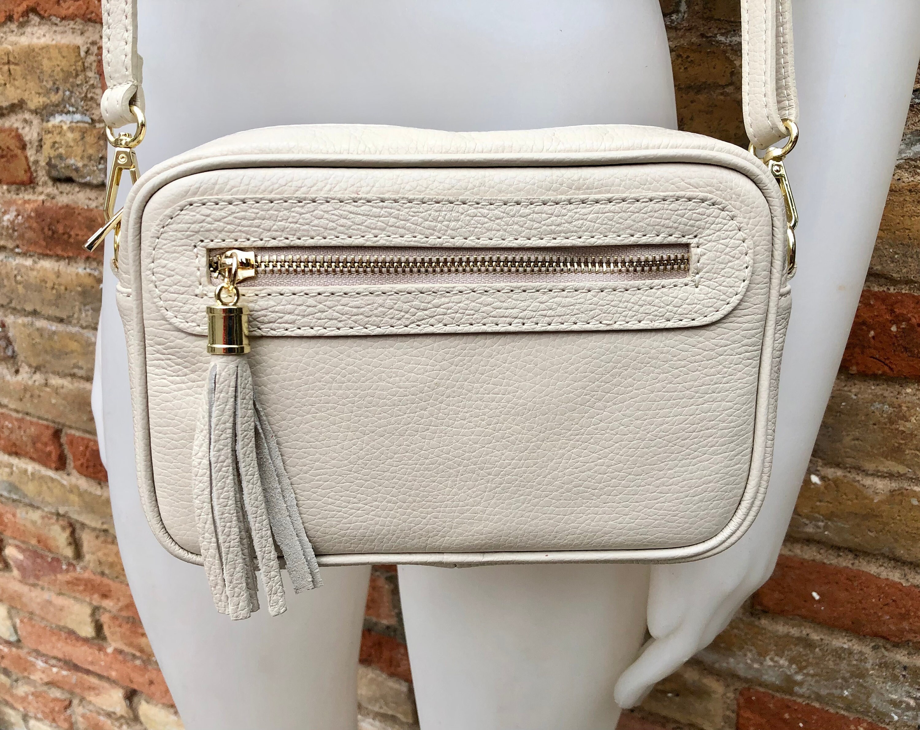 SANDRO☆ジャカード レザートリム ショルダーバッグ♪【送料込】 Small Leather Bag in CREAM BEIGE. Cross Body Bag, Shoulder