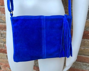 Small suede leather bag in BLUE. Boho crossbody or shoulder bag  in GENUINE leather. Cross over bag with zipper. tassel and adjustable strap