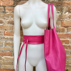 PINK tote leather bag + belt. Soft GENUINE leather bag + belt set. Large fuchsia leather shopper. Computer, tablet, Laptop bag. Pink purse