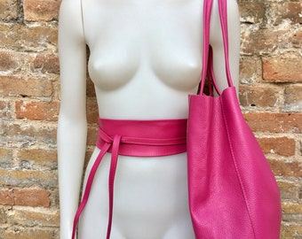 PINK tote leather bag + belt. Soft GENUINE leather bag + belt set. Large fuchsia leather shopper. Computer, tablet, Laptop bag. Pink purse