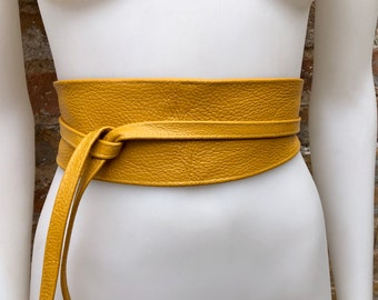 Obi belt in soft leather. Wrap belt in MUSTARD YELLOW. Waist belt in yellow. Mustard color wraparound belt. Yellow sash. Ibiza boho belts