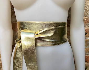 GOLD obi belt. Wrap belt in soft genuine leather. Wraparound waist belt.Wide style. Boho dress belt in metallic effect leather. Party belt