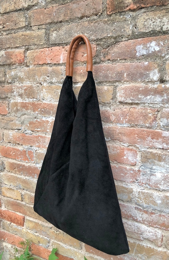 Slouch bag.Large TOTE leather bag in CAMEL brown with zipper.Genuine l –  Handmade suede bags by Good Times Barcelona
