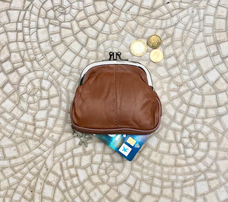 Vintage style leather kiss lock purse for coins BROWN clip purse in genuine leather bills and separate zipper for credit cards,