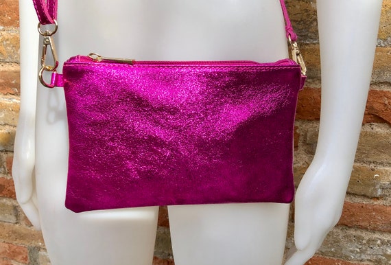 Small Genuine Leather Bag in METALLIC Hot Pink. Cross Body 