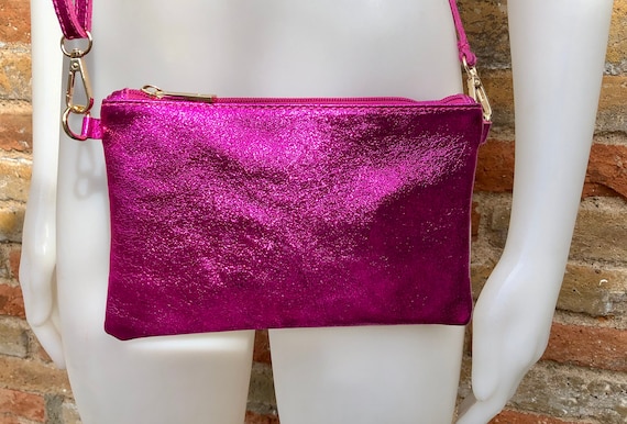 Small Genuine Leather Bag in METALLIC Hot Pink. Cross Body 