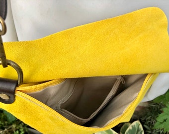 YELLOW Messenger Bag in Genuine Suede Leather. Yellow