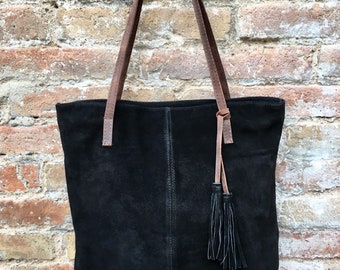 TOTE leather bag in BLACK . Genuine soft  natural suede. Black genuine leather SHOPPER bag. Laptop bag, book or tablet bag in soft suede.