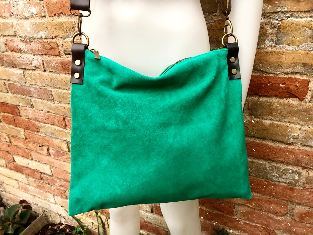 Crossbody Bag. Suede Leather Bag in Turquoise Green. Soft Genuine Suede Leather Messenger Bag