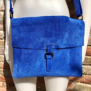 Messenger bag in genuine suede leather. Bright BLUE cross body bag. Boho suede bag with zipper and flap. Tablet or book bag in BLUE